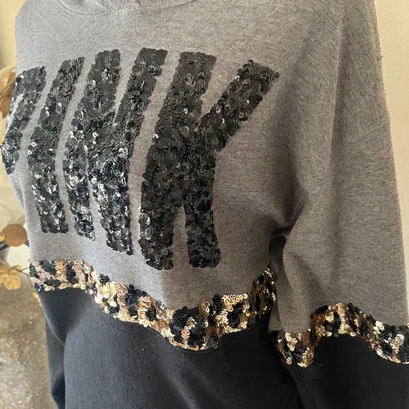 Rare VS Pink Y2K Sequined Cheetah Print Black & Gray Hoodie Small - Picture 2 of 9